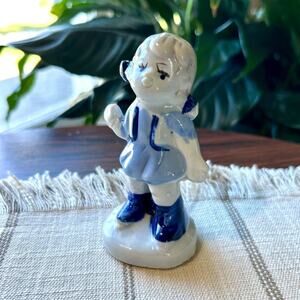 Vintage Blue White Porcelain Figurine of Little Holland Girl in Blue Dress